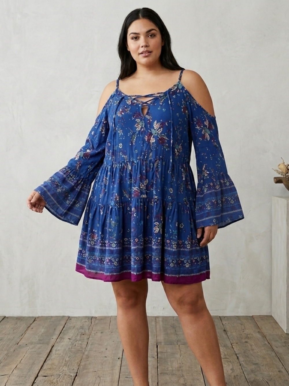 Xhilaration Royal Blue Floral Blouse with Pink & Teal Accents
